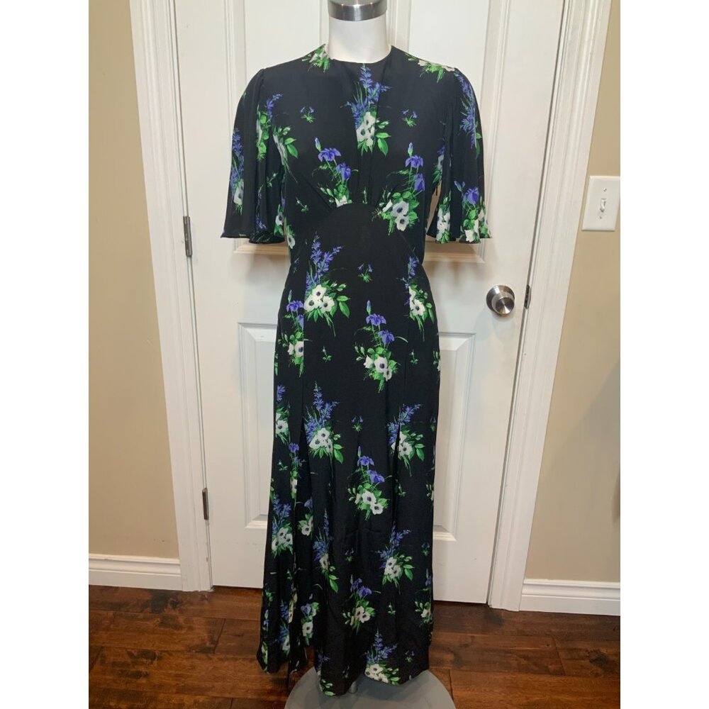 Les Reveries Flutter Sleeve Silk Midi Dress Floral Daffodil Black, Size 4